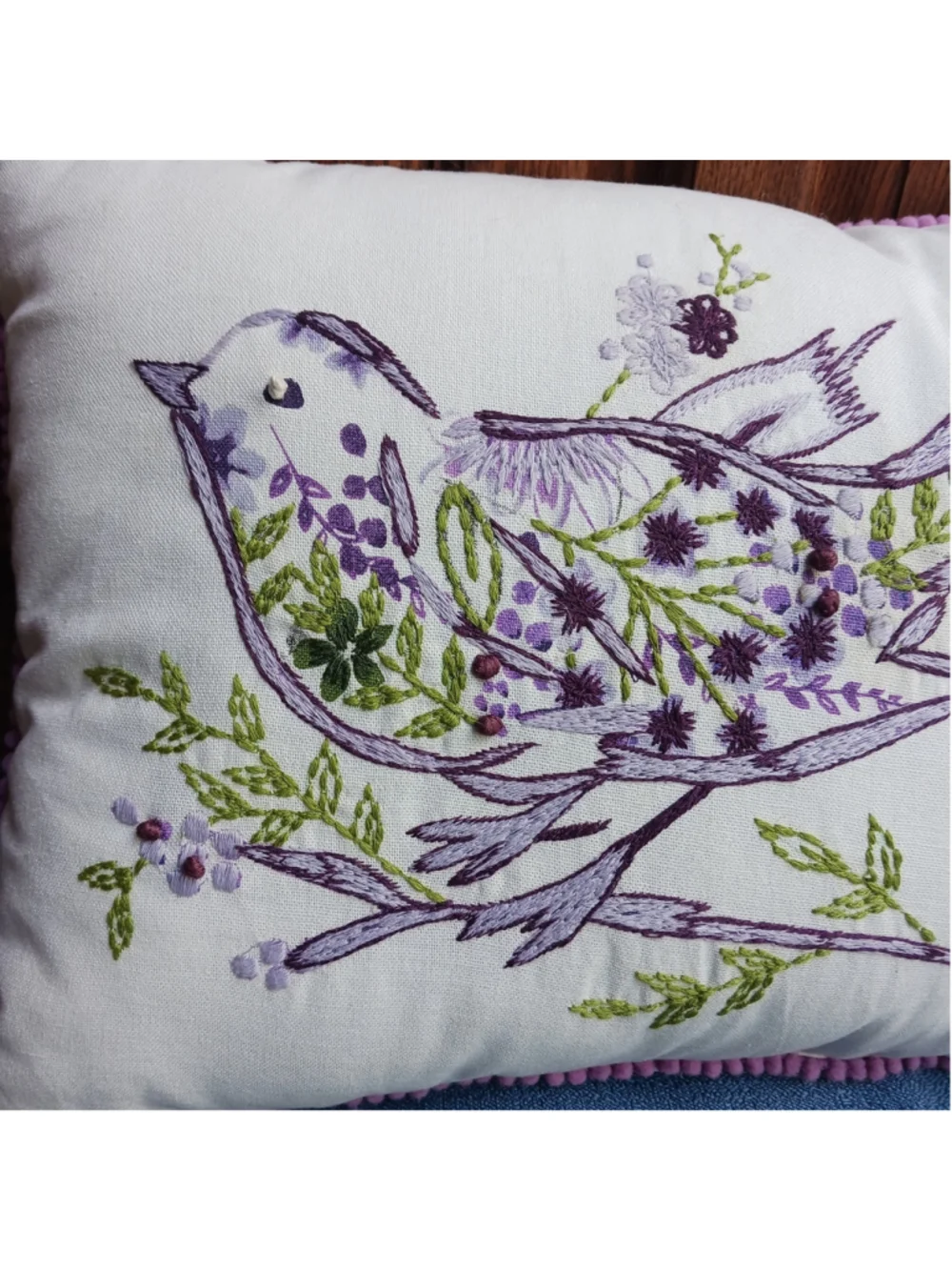 Contemporary Embroidered Bird Pillow Floral Purple Green 15x12 Polka Dot Decor